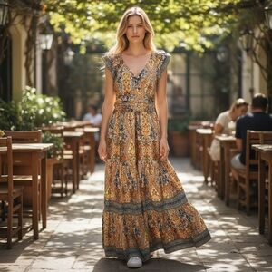 Caroline Constas Floral print ruffle tiered maxi dress cottage milk maid sz M